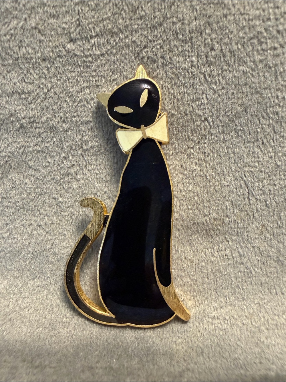 Elegant Black Cat Enamel Pin with Gold Trim and Cream Bow